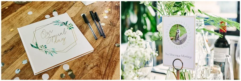 Wedding guest book on wooden table surrounded by confetti 