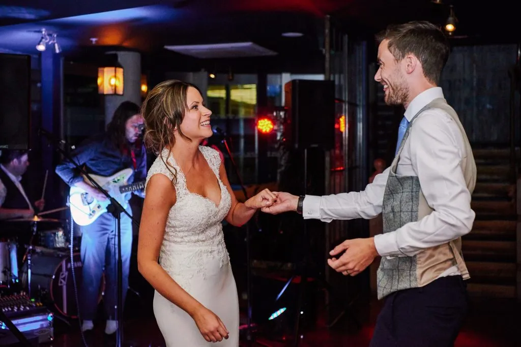 Bride and groom dancing together at The Oyster Shed in London 