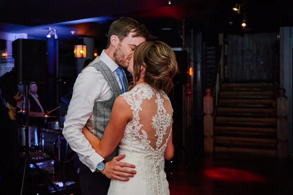 Bride and groom dancing together at The Oyster Shed in London 