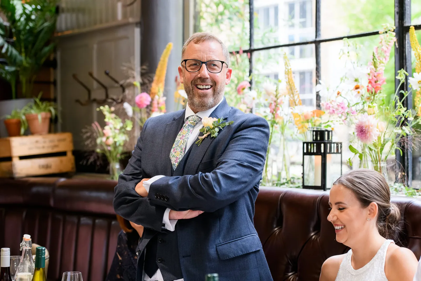 Father of the bride laughing during his speech at The Depot N7 in London