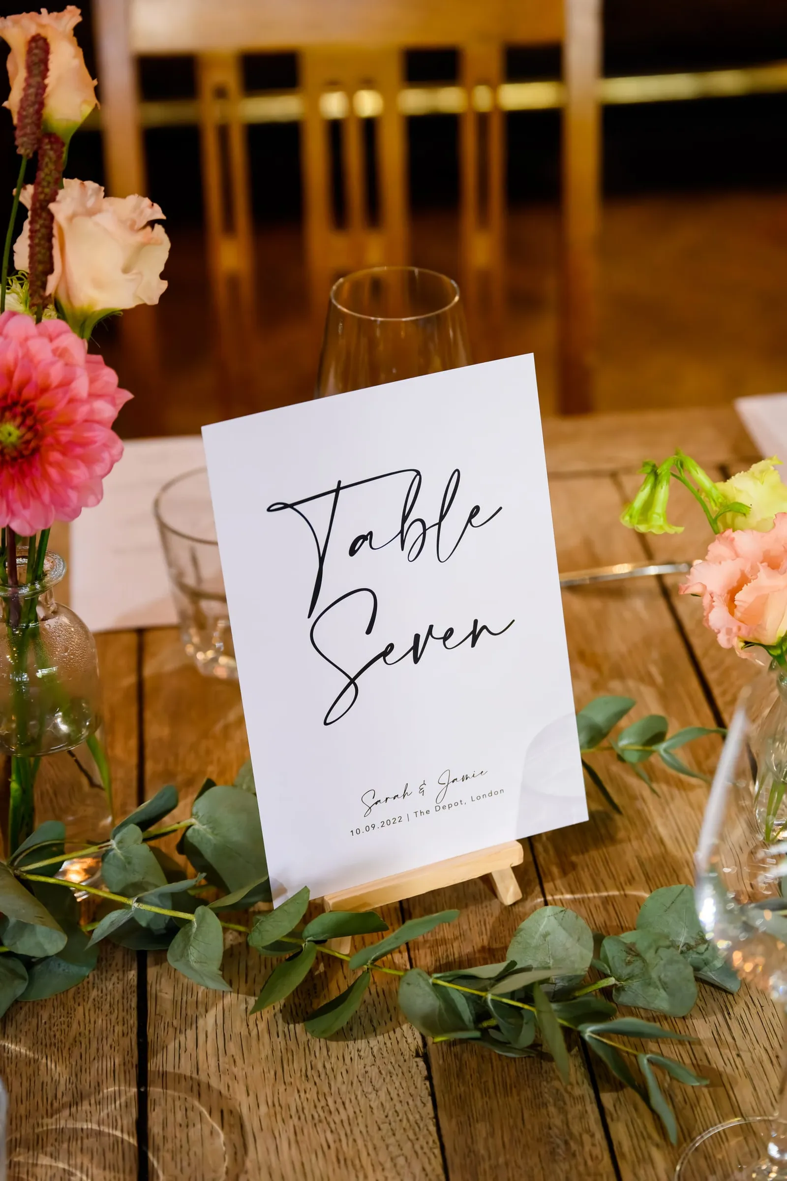 Table number on rustic wood at The depot N7 wedding venue