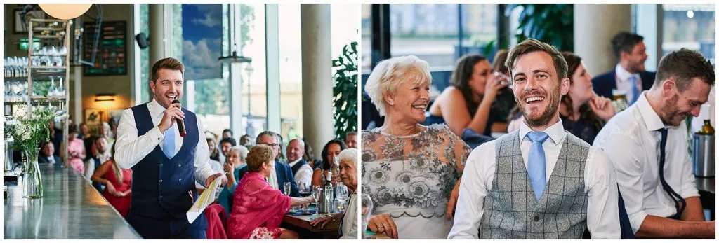 groom and best man laughing during wedding speeches at The Oyster Shed