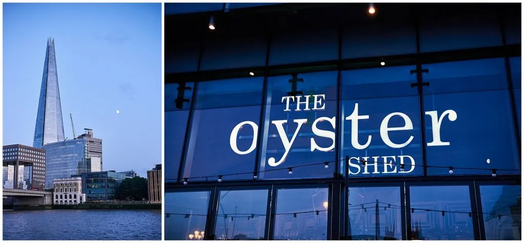 Nighttime exterior of The Oyster Shed riverside wedding venue in London