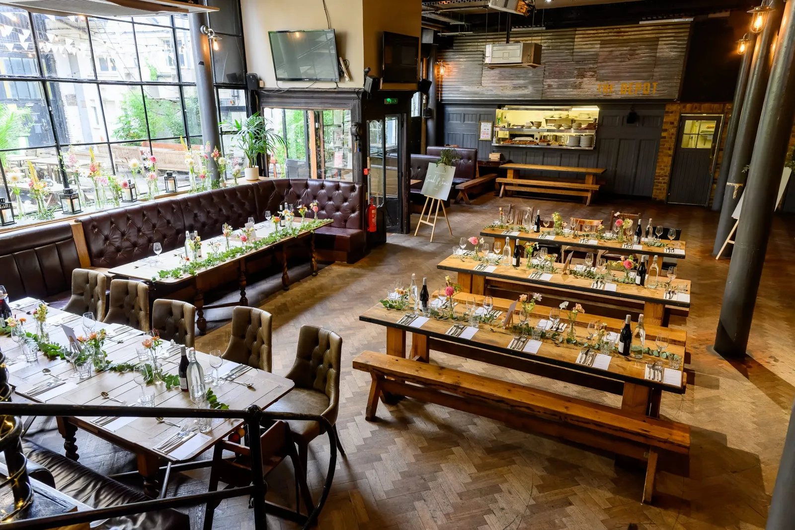 interior photography of The depot N7 wooden dinner tables set up 