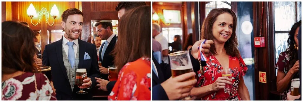 Groom and wedding guest in central London city pub