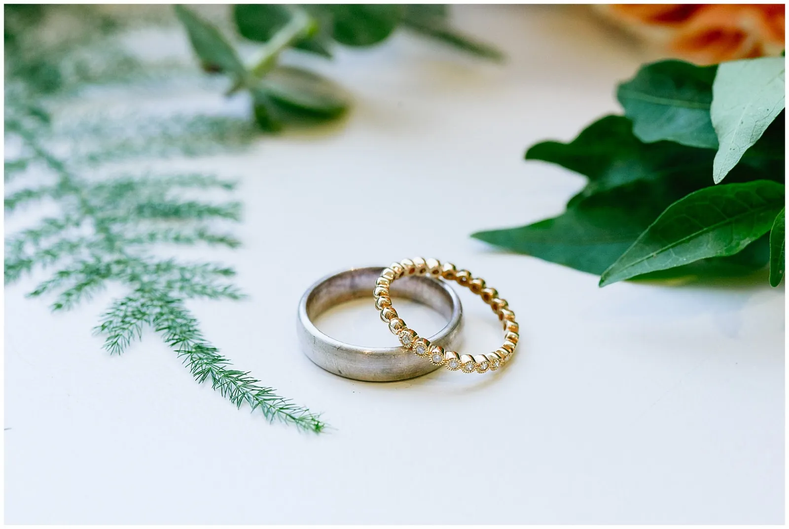 Gold and silver wedding rings surrounded by green foliage