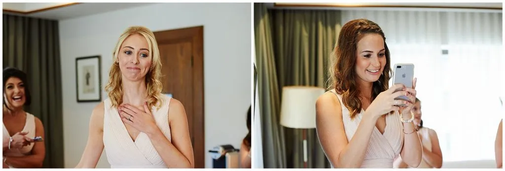bridesmaids smiling and taking photos during bridal prep