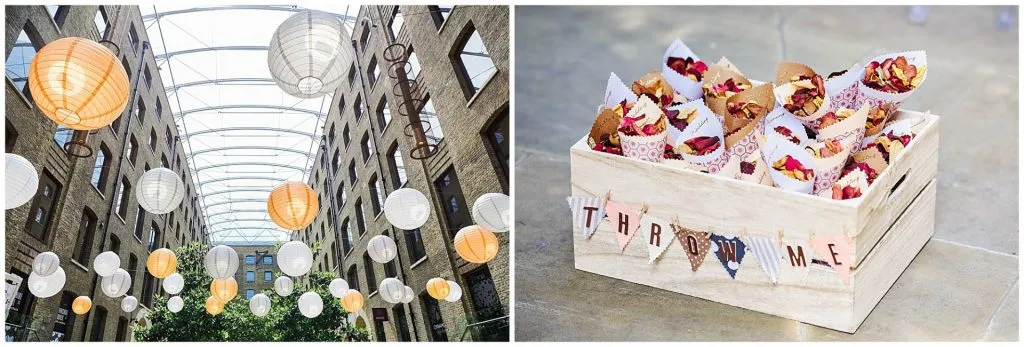 Colourful lanterns and confetti details at The Devonshire Terrace central London Wedding venue.