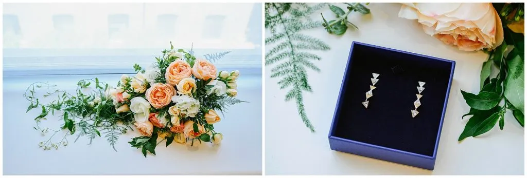 wedding flowers and earrings on white background