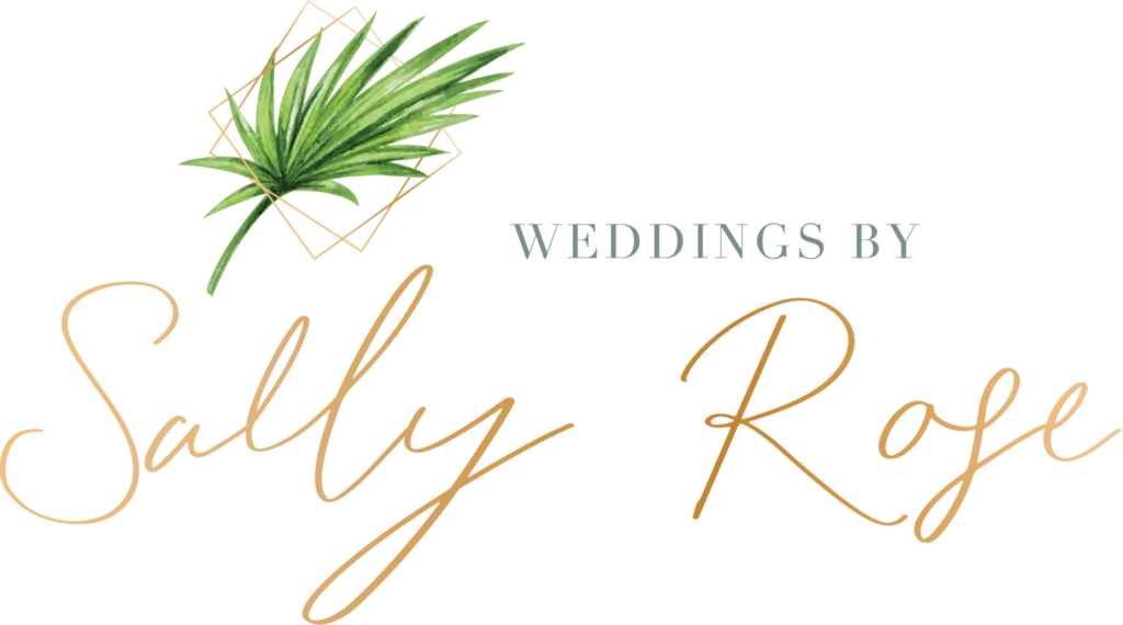 Weddings by Sally Rose Logo Image showing gold font and green leaf