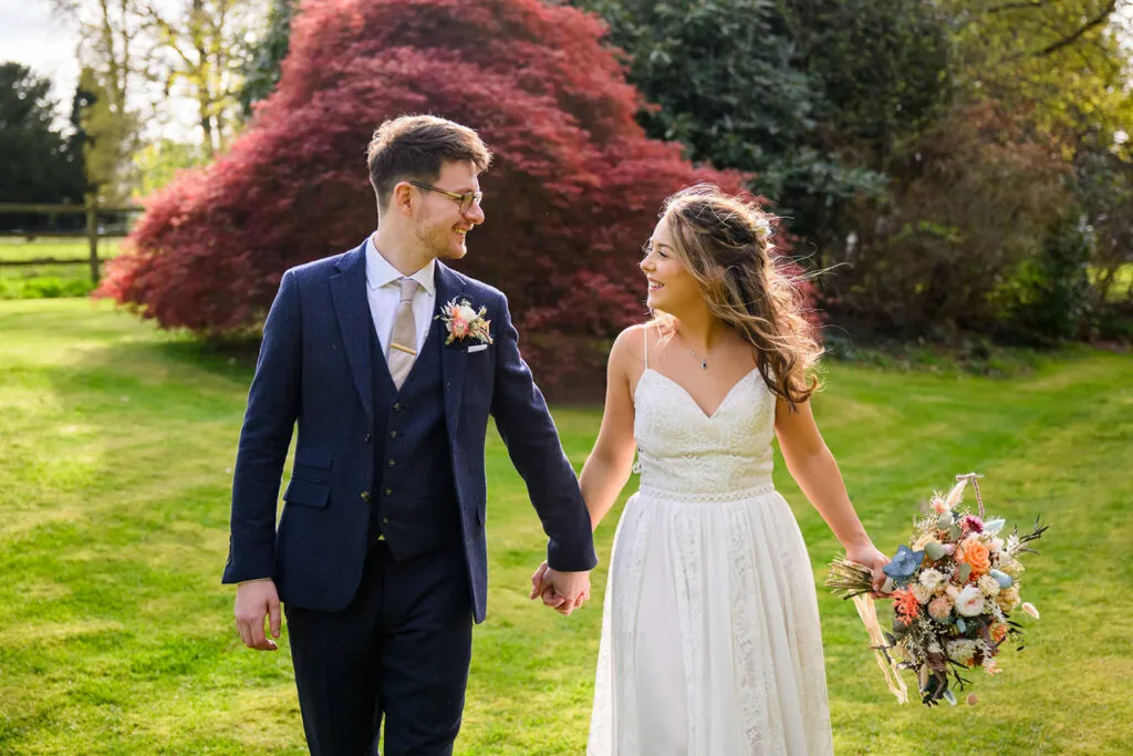 natural couple portrait in the gardens at woodborough hall wedding photography