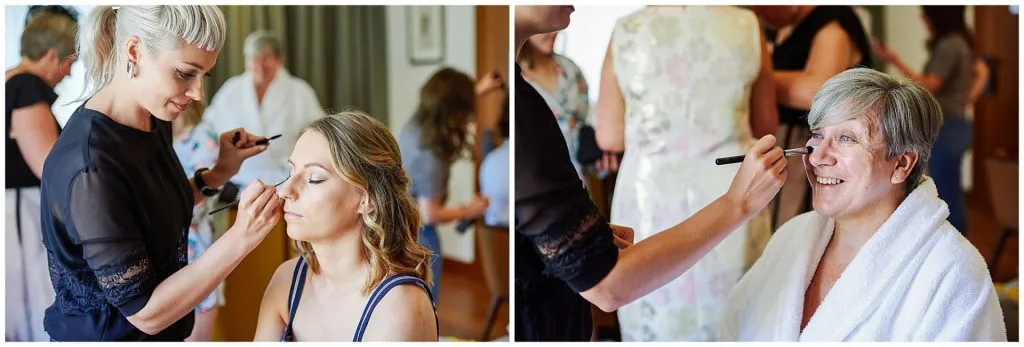 mother of the bride and bridesmaid having their wedding makeup done during bridal prep
