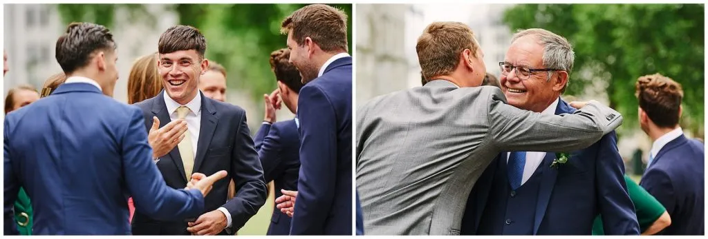 Wedding Guests laughing and saying hello outside of Margaret's Church in London City